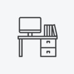 Desk with computerand books simplified icon in black and white on white background